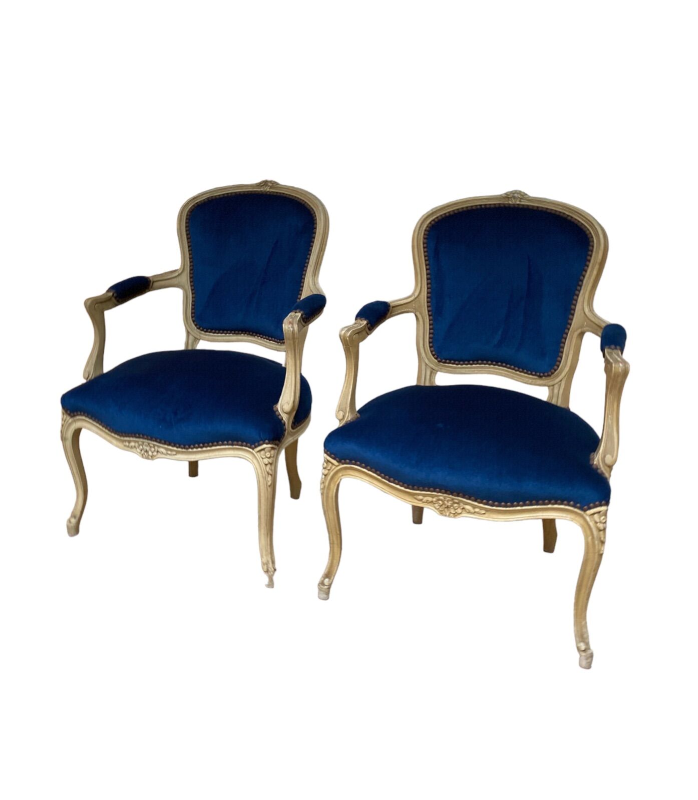 pair of Louis XV style armchairs in blue velvet