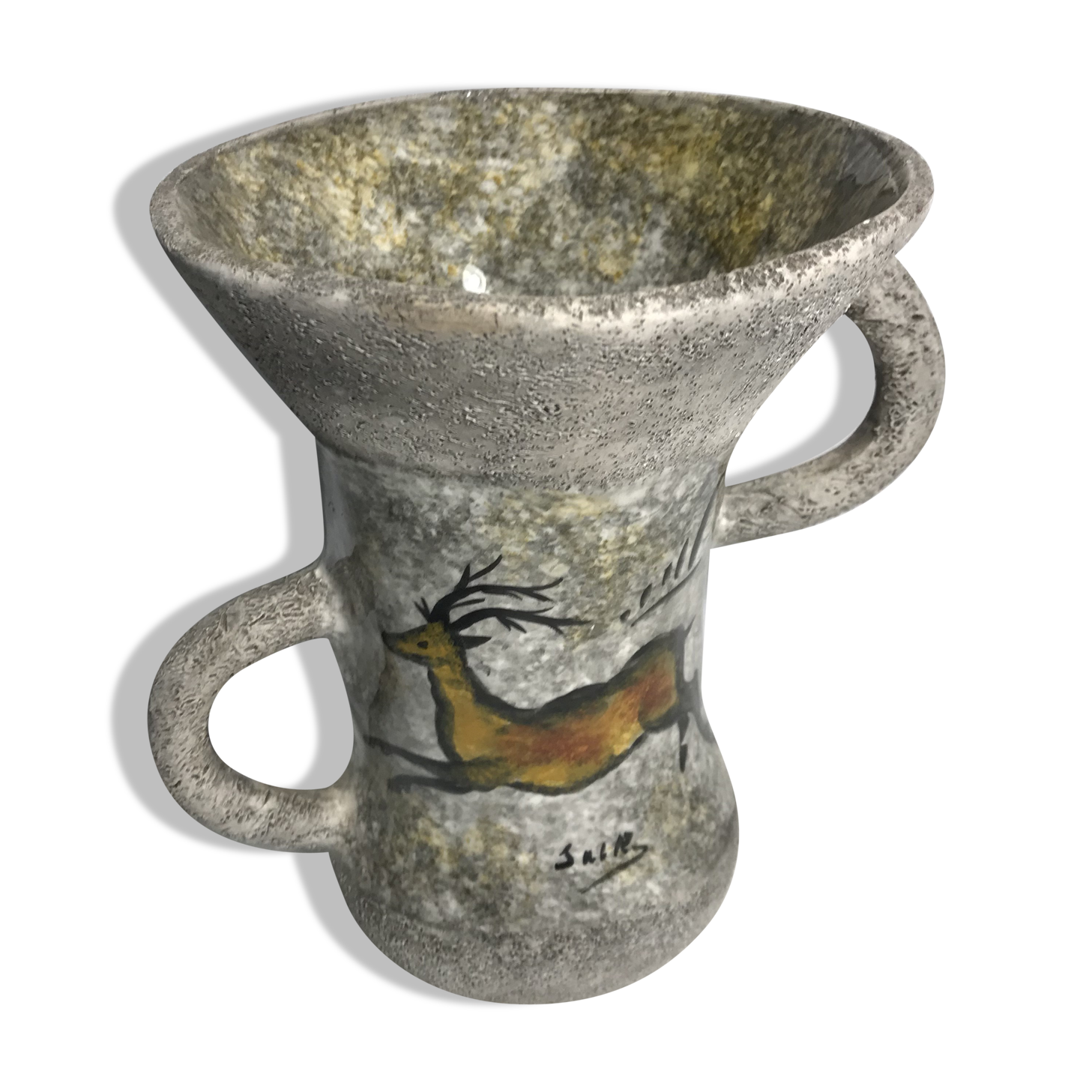 Old grey enamelled ceramic  2 handles vintage deer vase