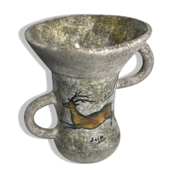 Vase ancien céramique émaillée grise 2 anses vintage — Beyit