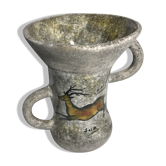Old grey enamelled ceramic  2 handles vintage deer vase