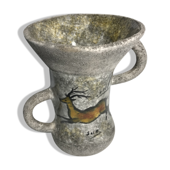 Old grey enamelled ceramic  2 handles vintage deer vase