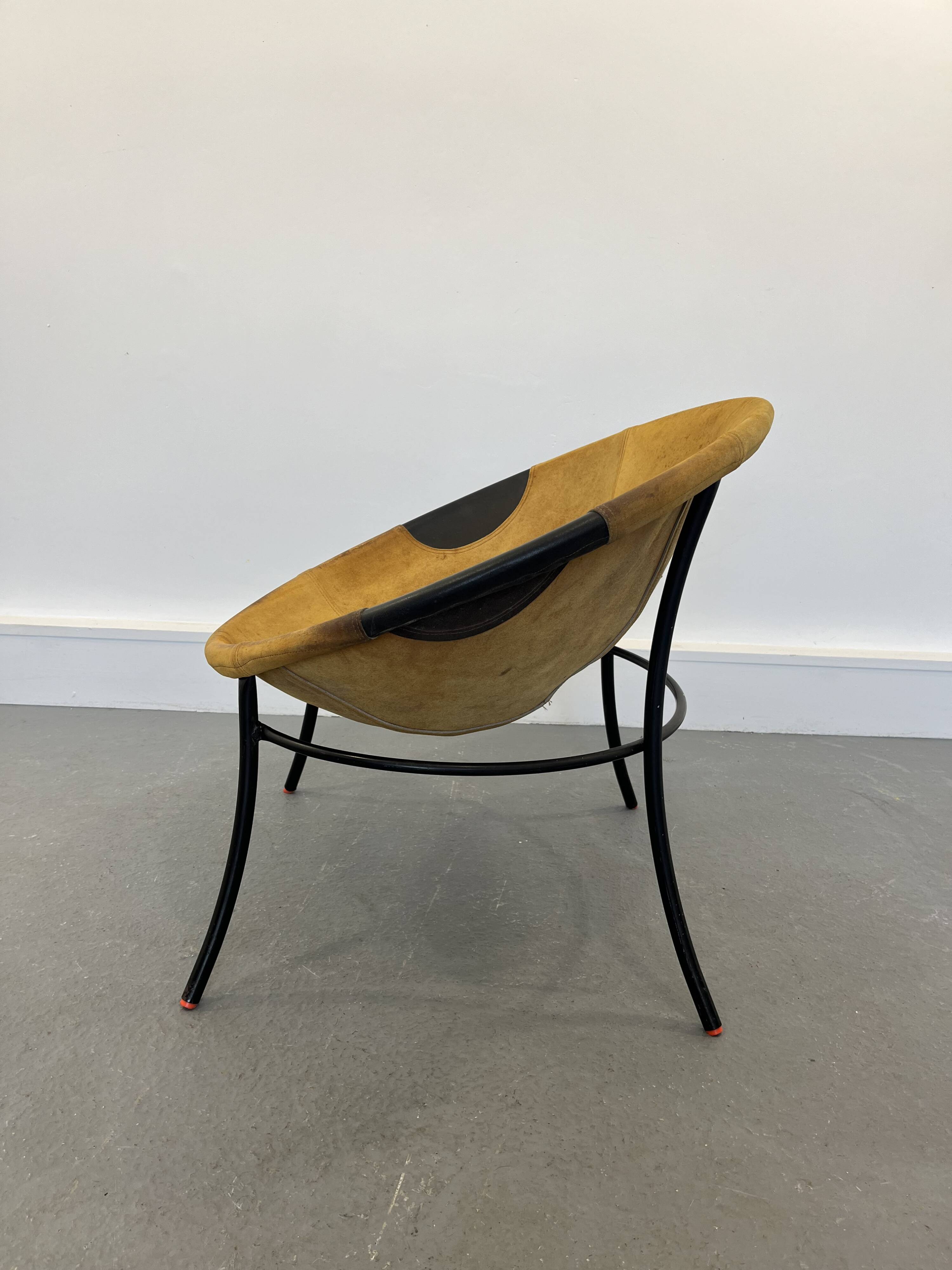 Italian Tan Suede and Black Leather Saucer Chair