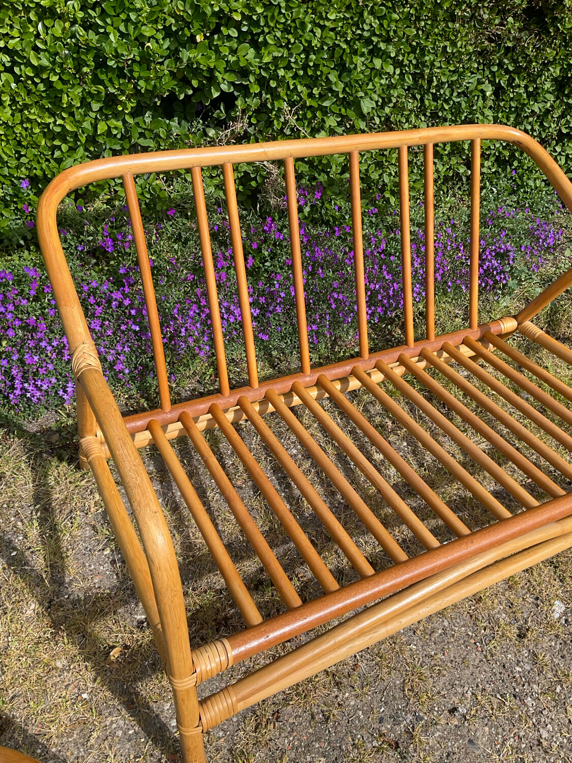 Vintage living room sofa and 2 rattan armchairs.