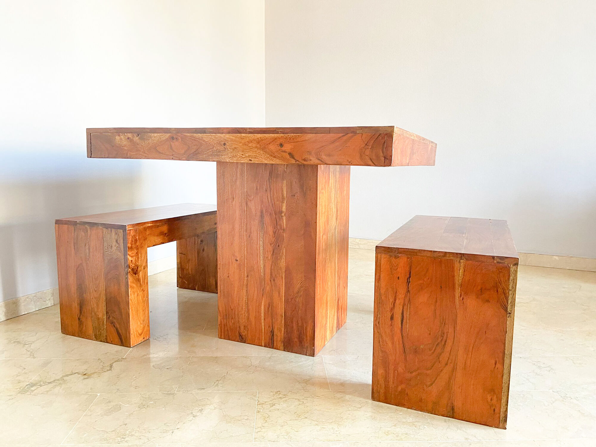 Set dining table plus 2 benches in solid teak wood, Italy 1970s