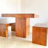 Set table à manger et 2 bancs en bois de teck massif, Italie années 1970