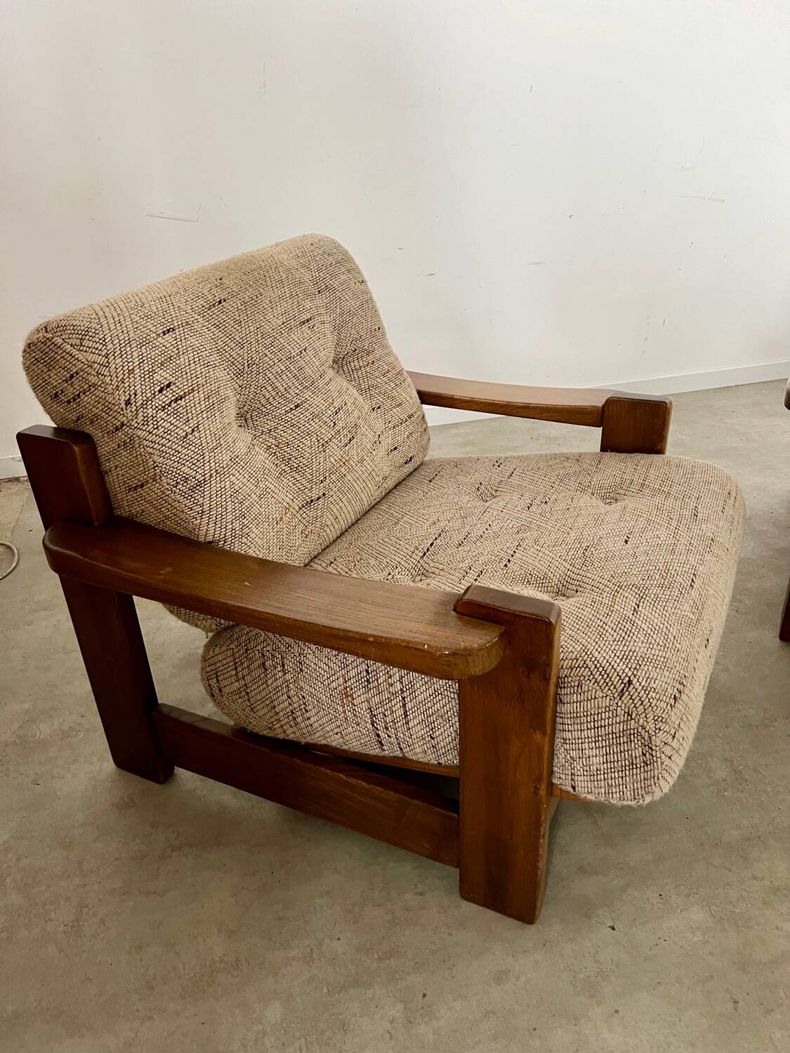 Lot of 2 solid elm armchairs, Maison Regain design, 70s vintage