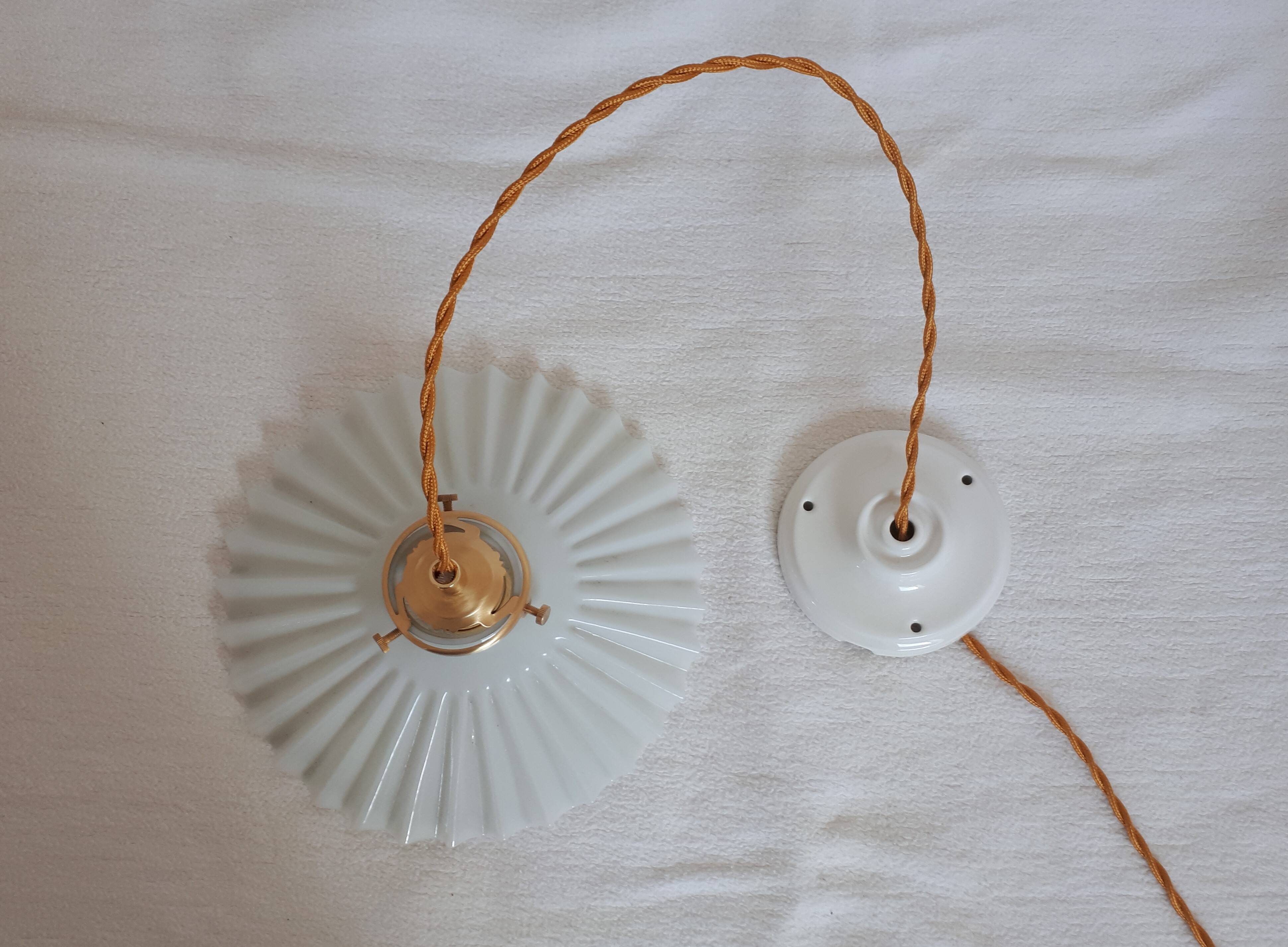 Vintage lampshade pendant light in striped embossed white opaline - circa 1940s