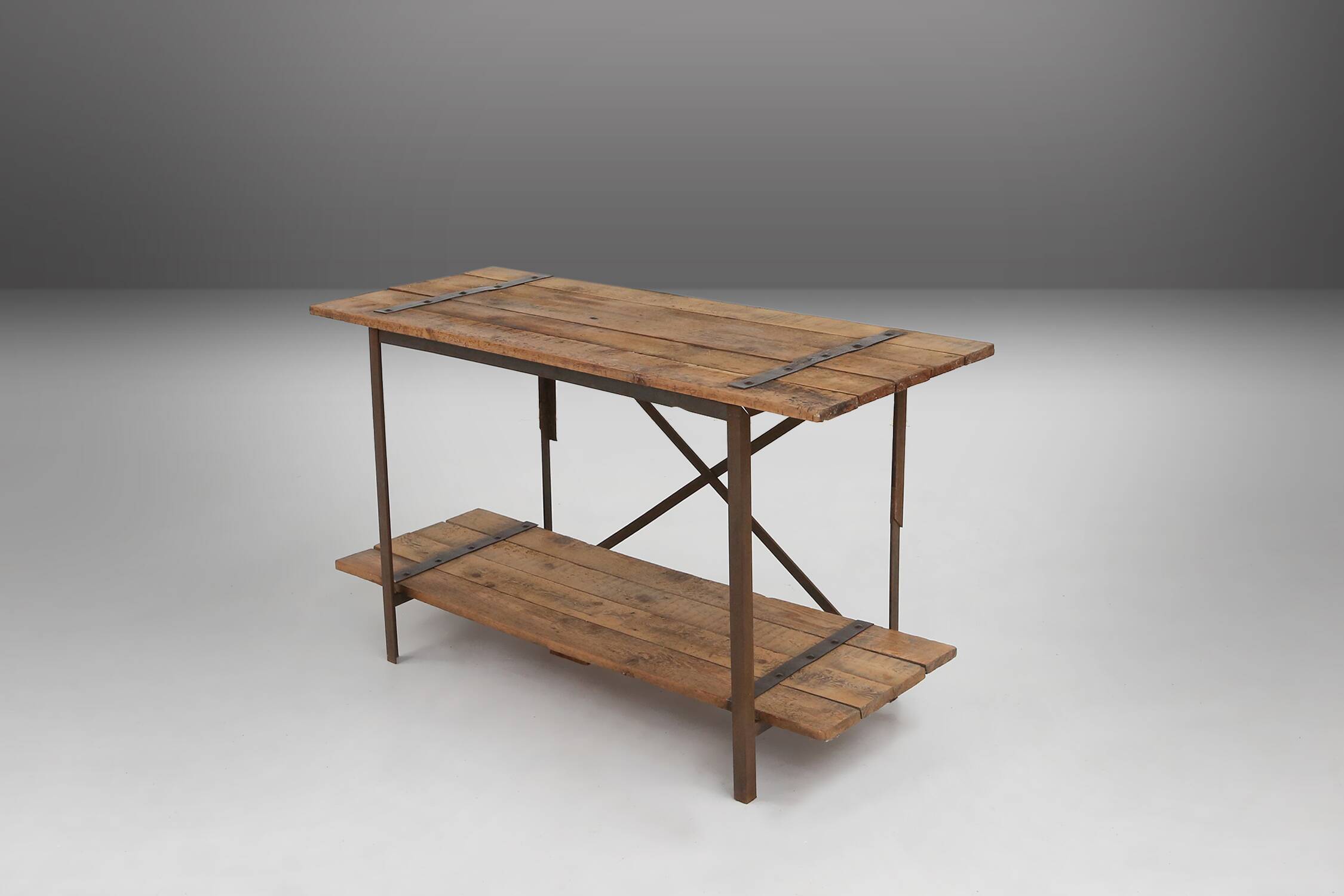 Industrial side table with metal frame and wooden top and removable platform, Belgium, 1920