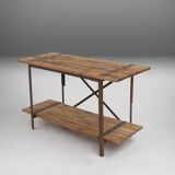 Industrial side table with metal frame and wooden top and removable platform, Belgium, 1920