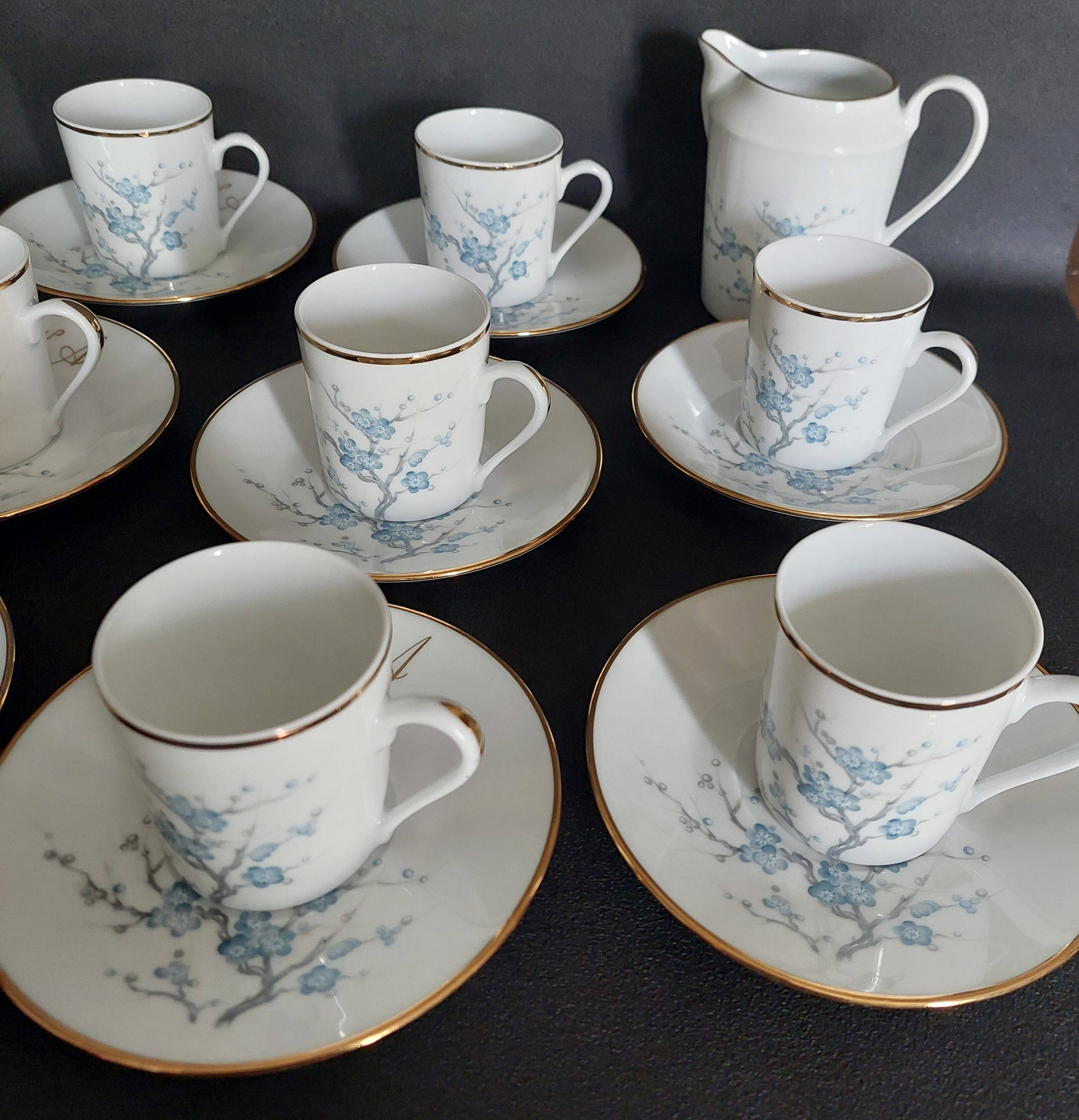 Eight-cup coffee service and creamer, Limoges porcelain, monogrammed