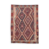 Tapis vintage géométrique rouge et bleu fait main 5x7, 165x231 cm