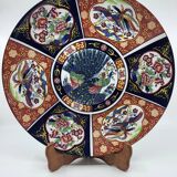 Large Chinese dish signed in Imari porcelain decorated with peacocks and flowers 1970 Vintage