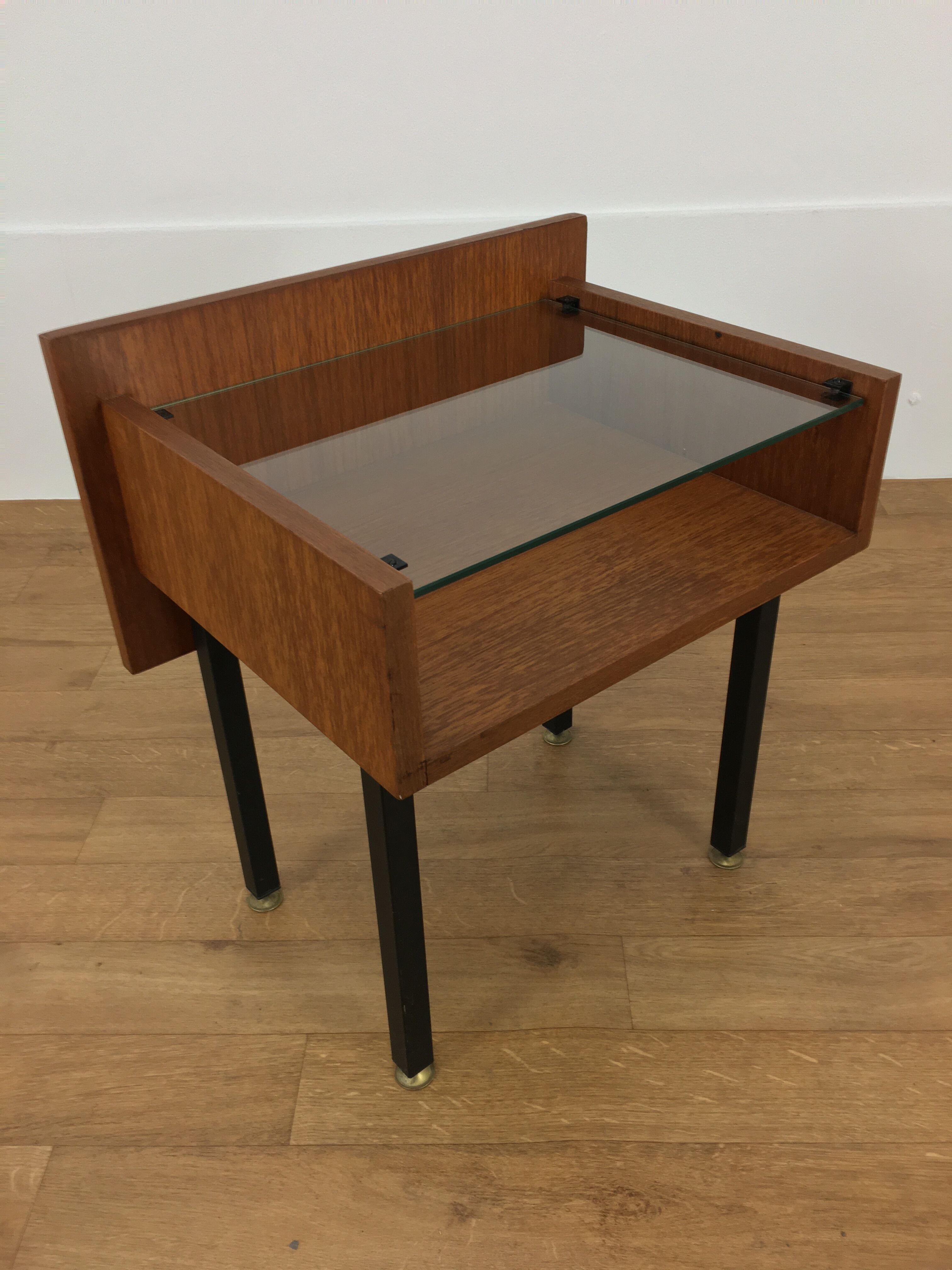 Modernist bedside table wood and glass 1950
