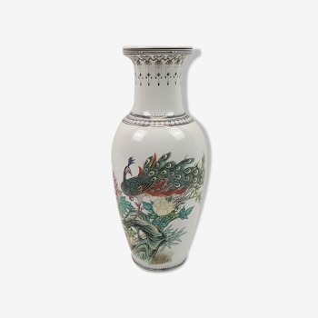 Asian deco peacock and flowers vase 25.5cm