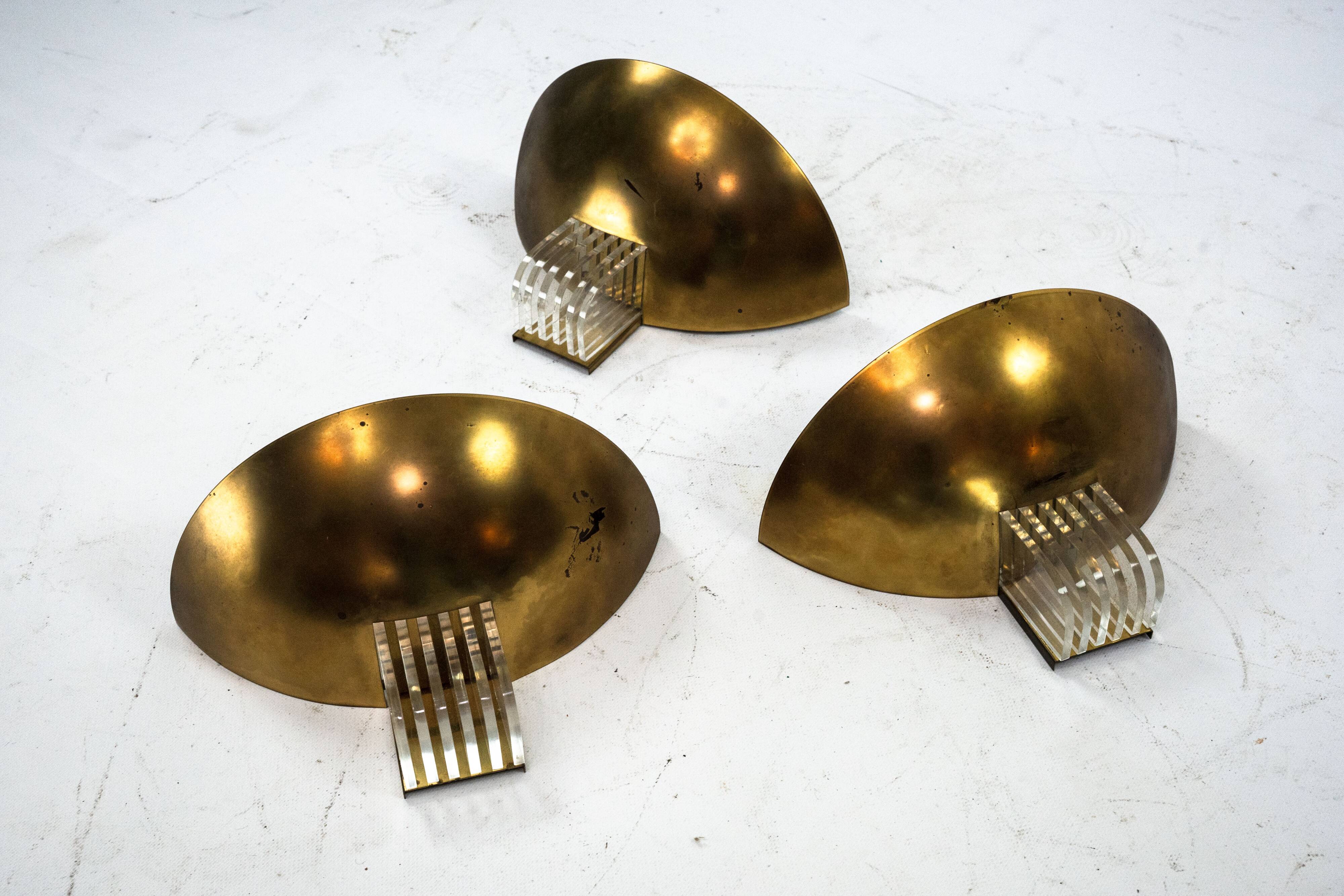 Set of three Italian Deco-style brass wall sconces, Italy 1970s