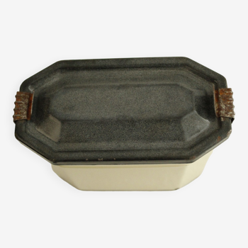 Enamelled metal lunch box - beige and black