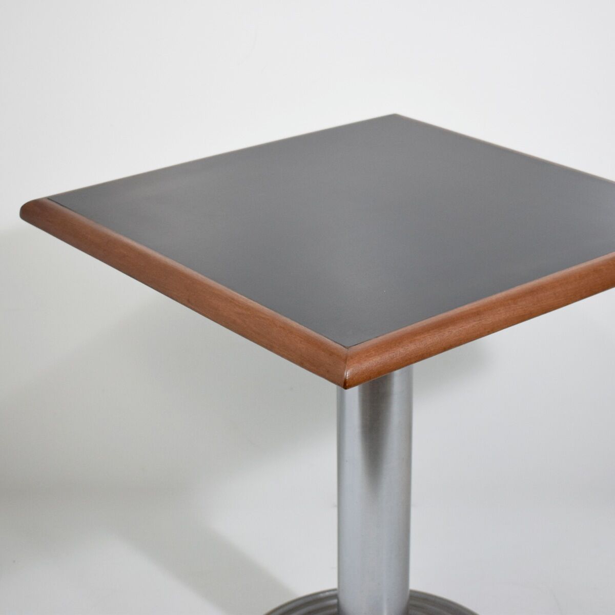 Square bistro dining table, wood, chrome and cast iron