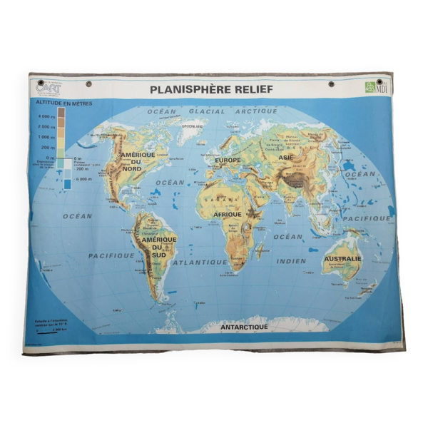 Ancienne carte MDI scolaire : Le monde, planisphère politique et relief. - Bon état sur Selency
