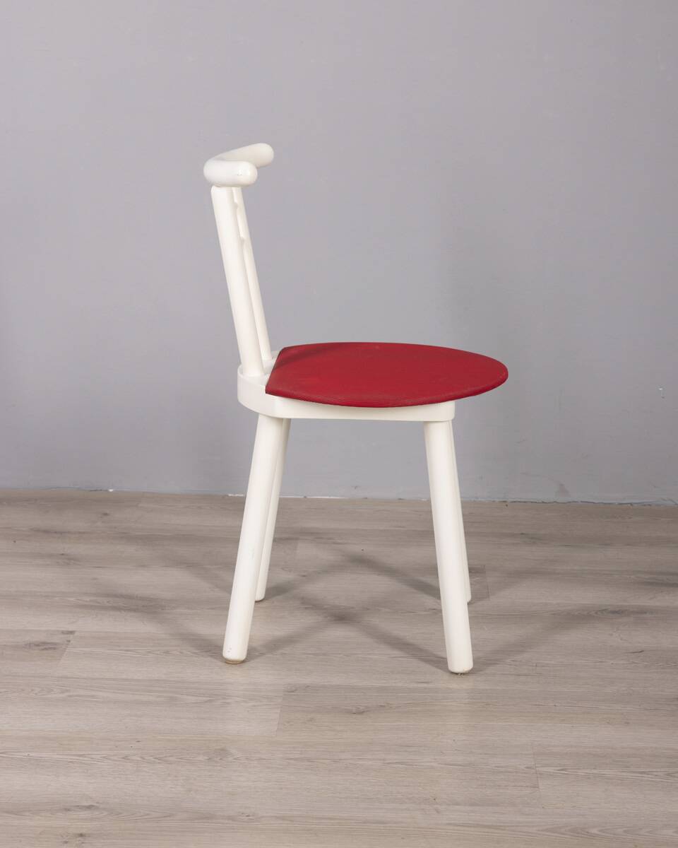 Set of 4 vintage 1980s chairs in wood and red vinyl, italian design