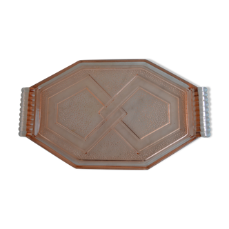 Plateau art deco en verre rose