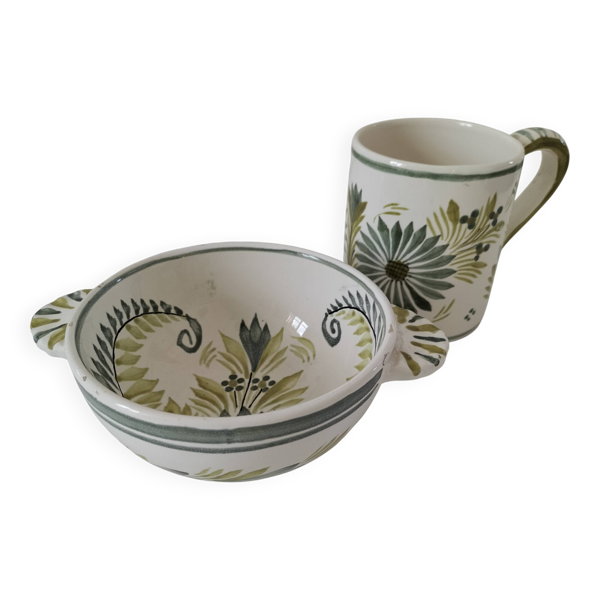 Duo HB Quimper « Camaïeu vert » – bol à oreilles & mug