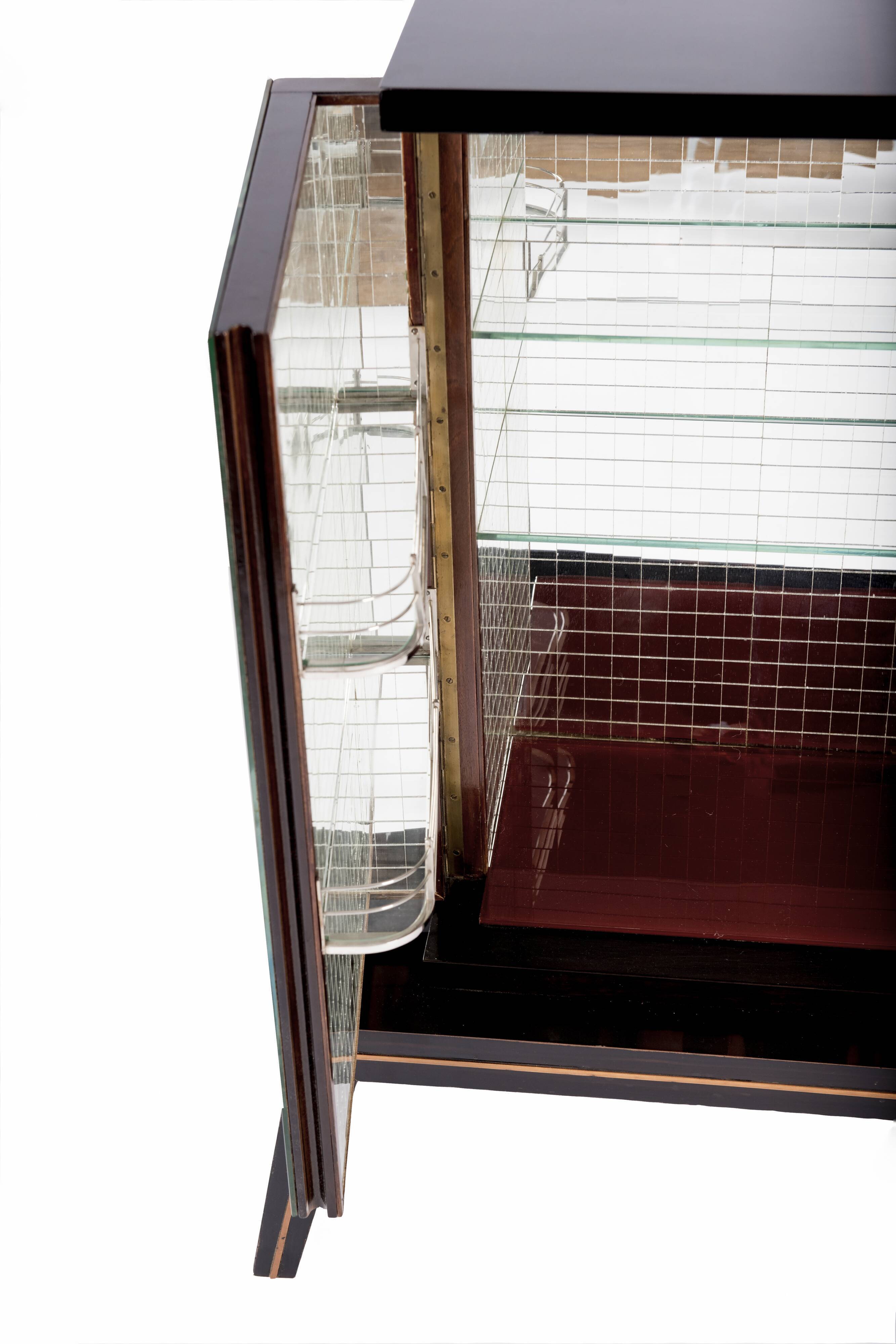 Art-deco bar furniture in macassar and acid-engraved mirror