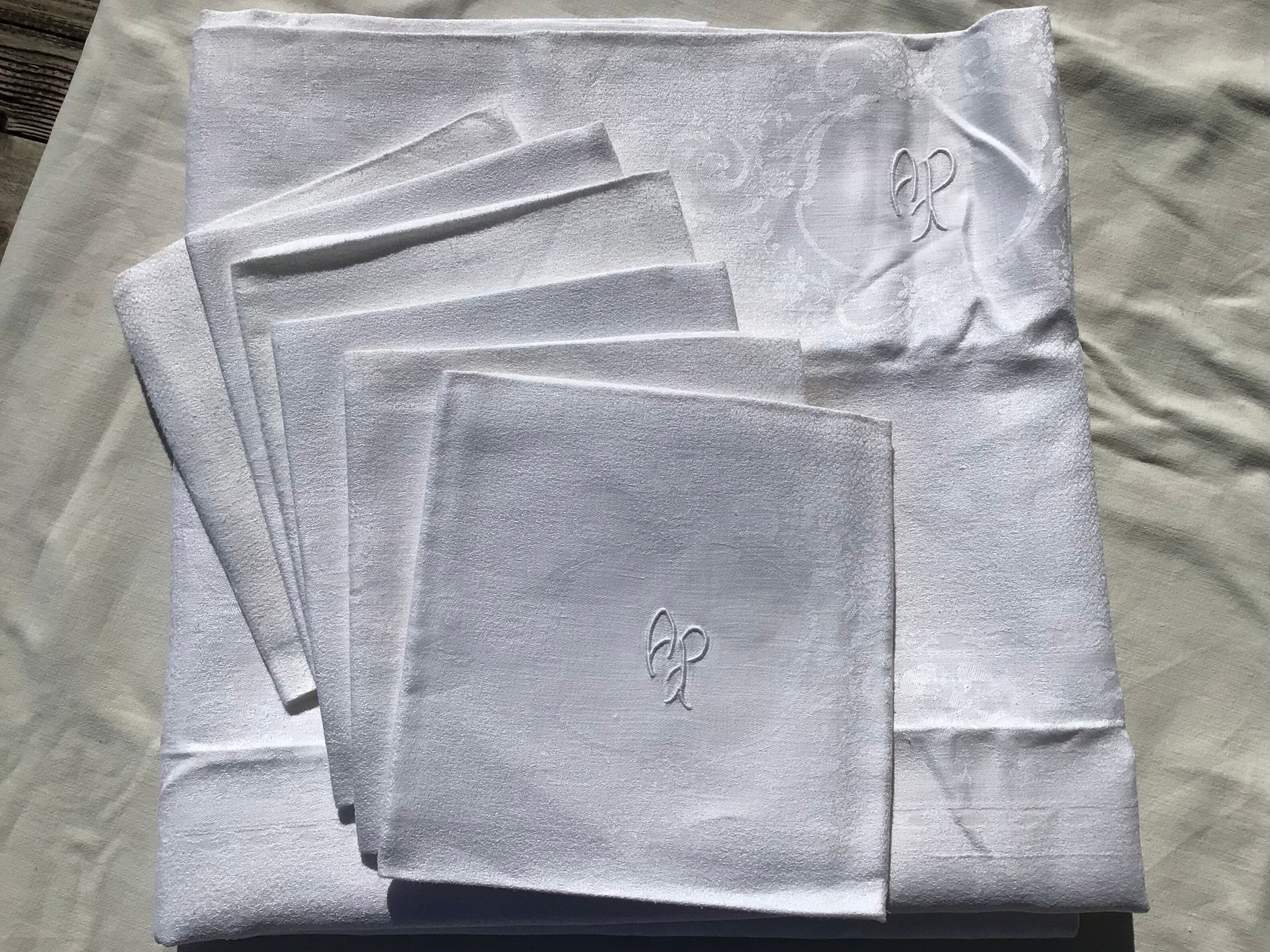 AP embroidered square tablecloth with 6 towels