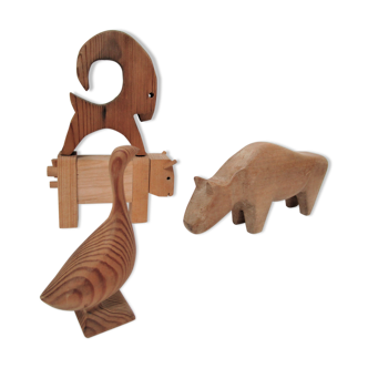 Four animals wood toy vintage bulls goose ibex