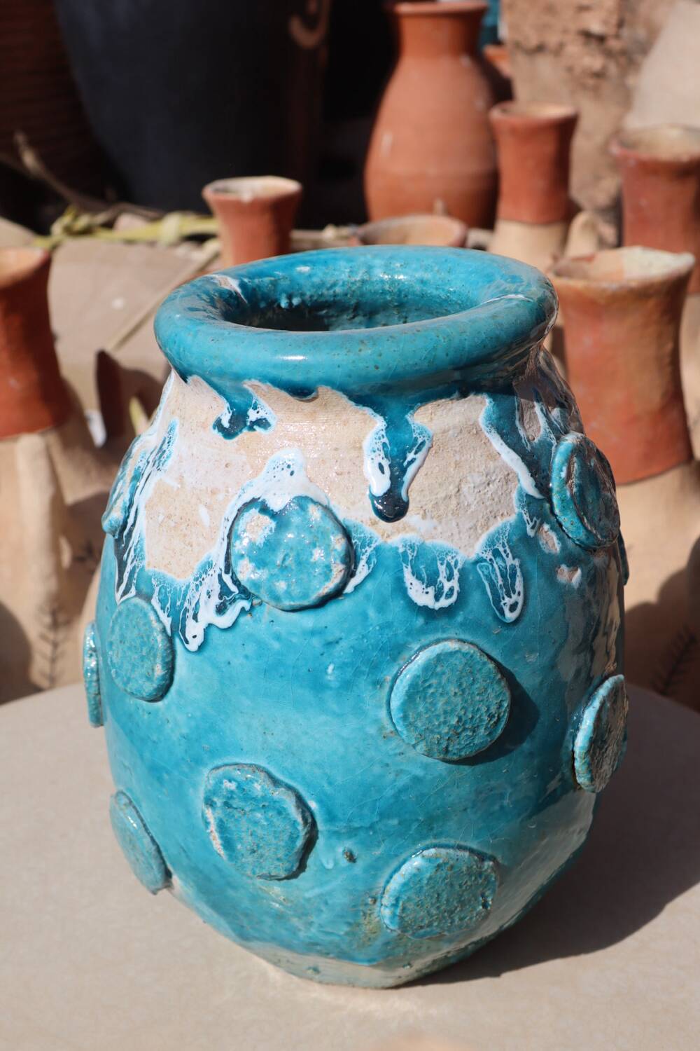 Vase / Planter in Tamegroute Turquoise Blue Enameled Wabi-Sabi