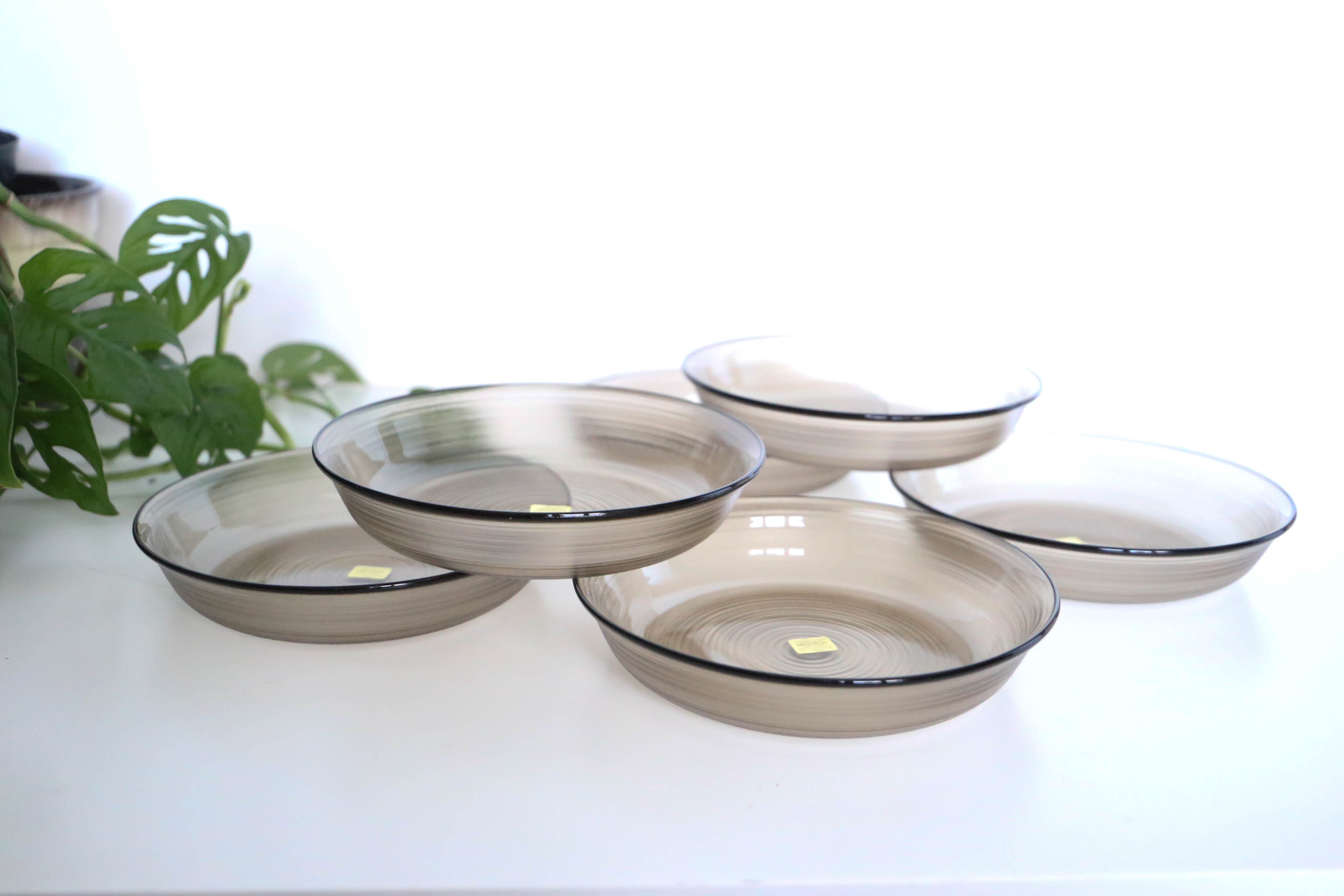 Set of 6 hollow plates Arcoroc, in gray smoked glass, vintage French