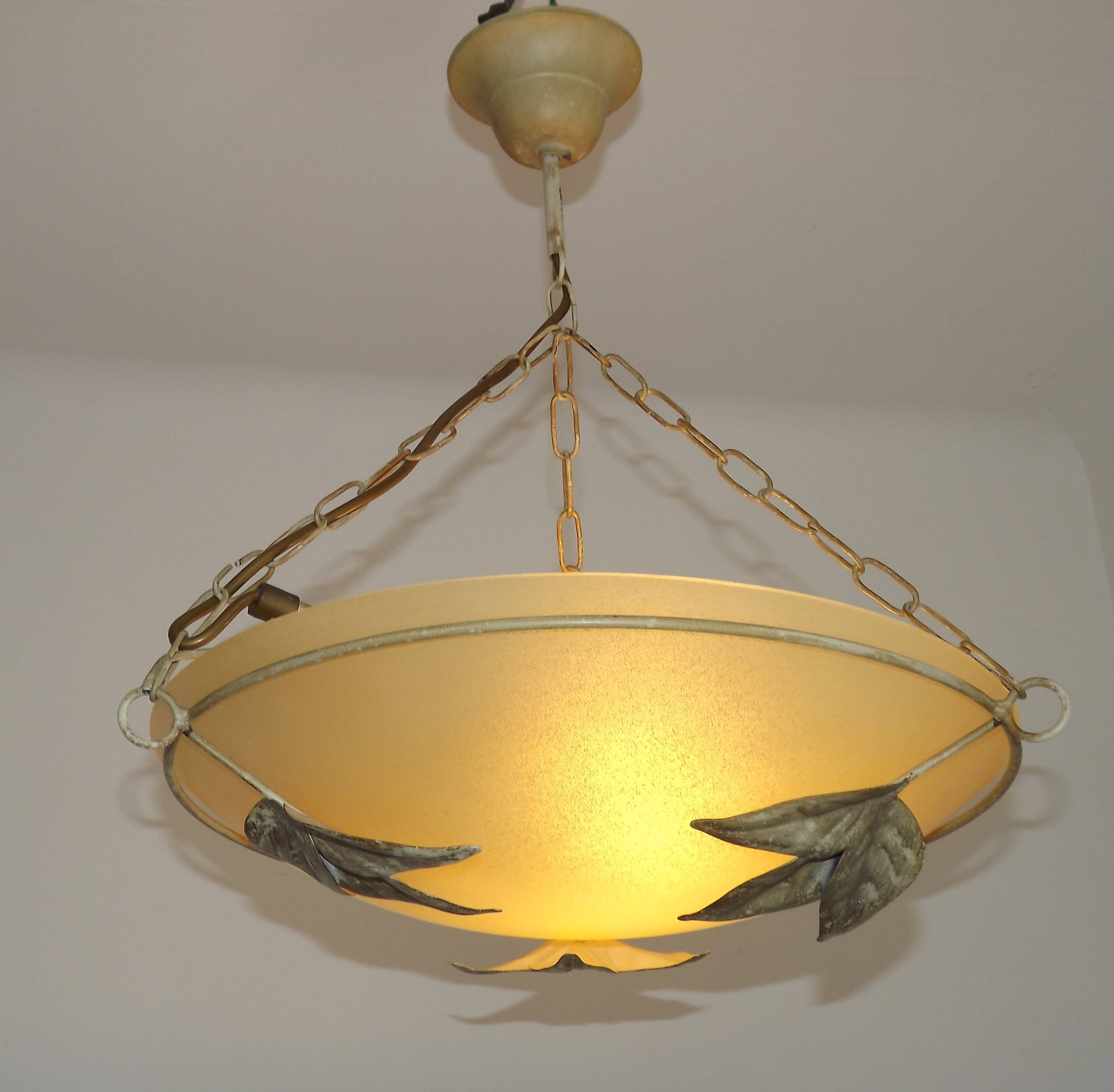 Italian Metal Ceiling Light Gold Leaf Detail Frosted Glass Bowl Shade
