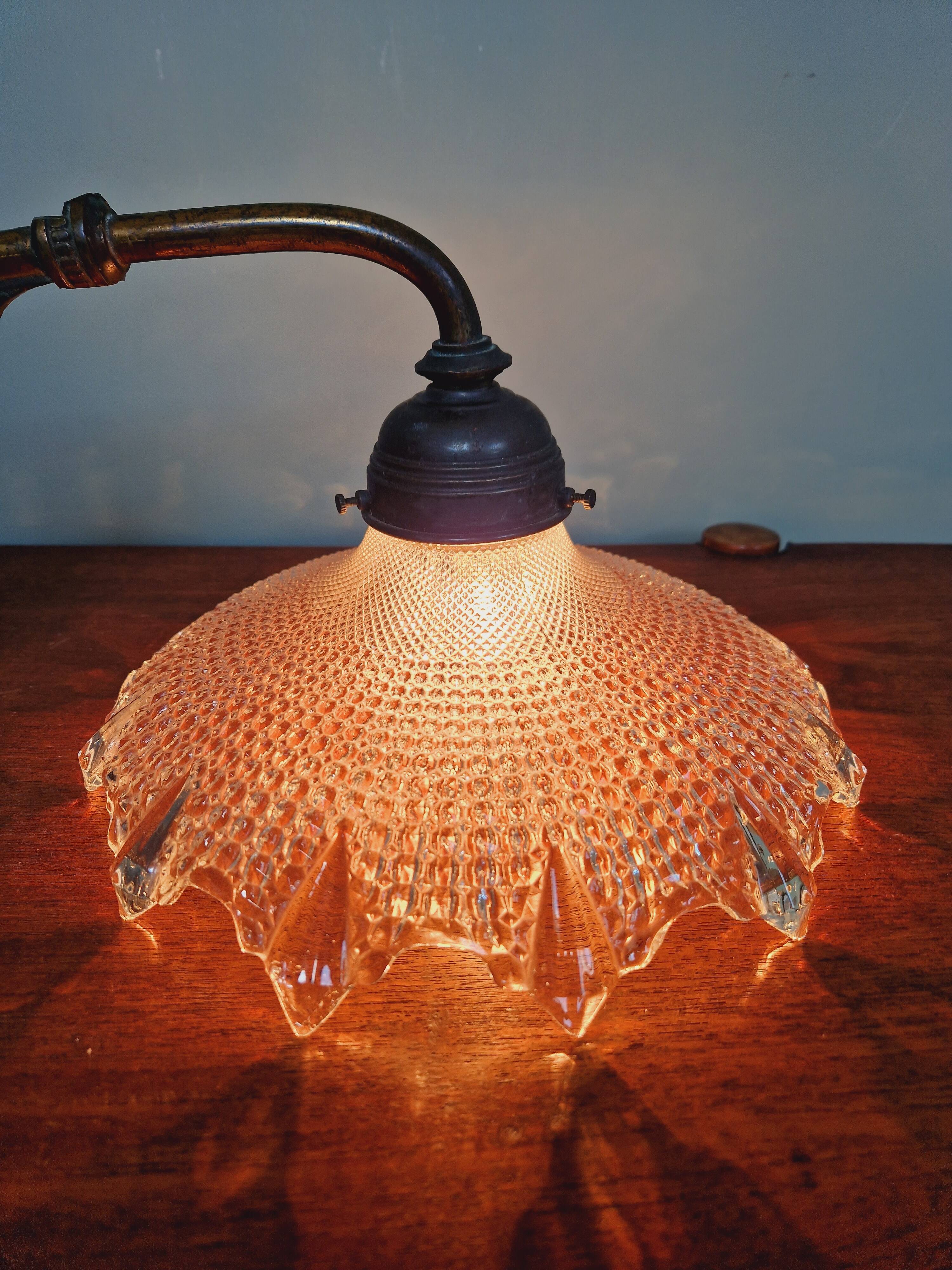 Pair of pendant lights in bronze and scalloped transparent glass
