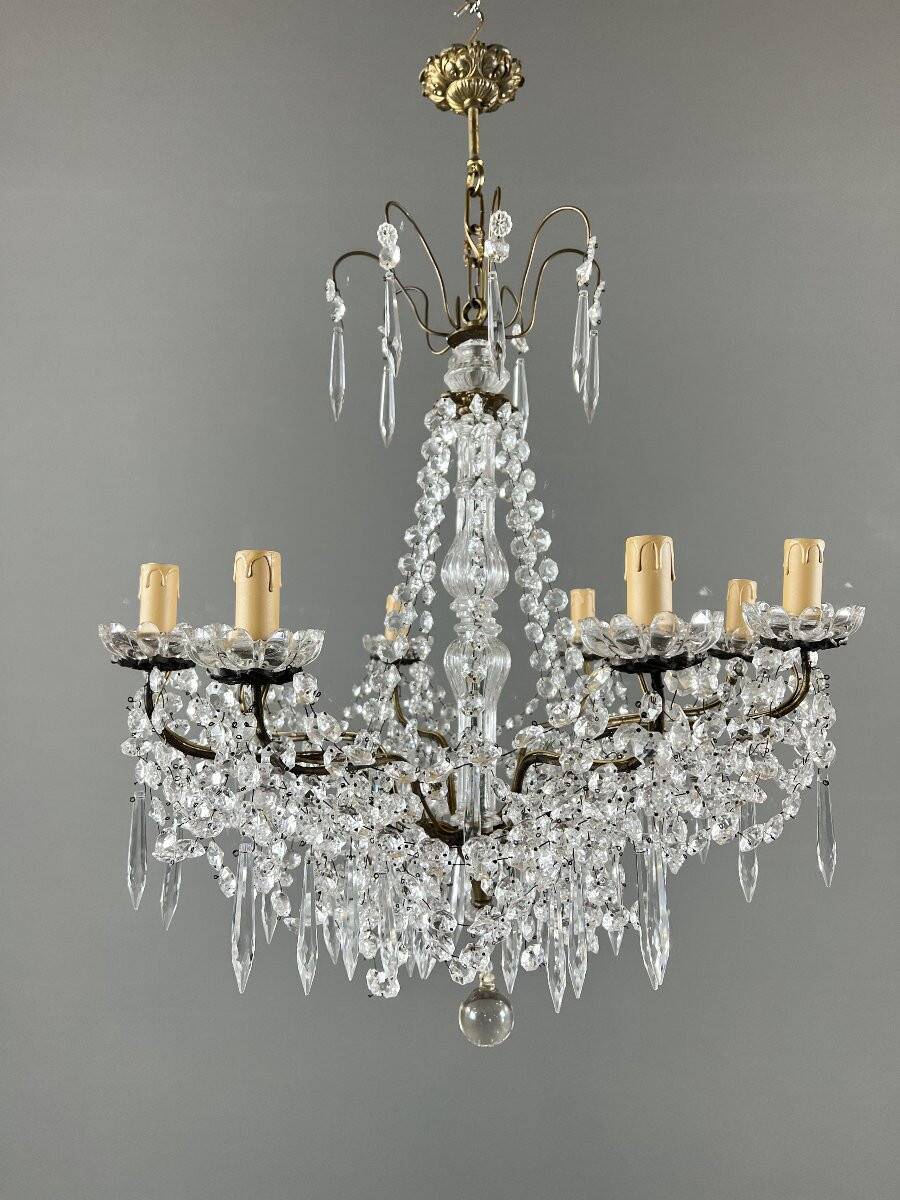 Lustre à pampilles en cristal et bronze, XXe siècle