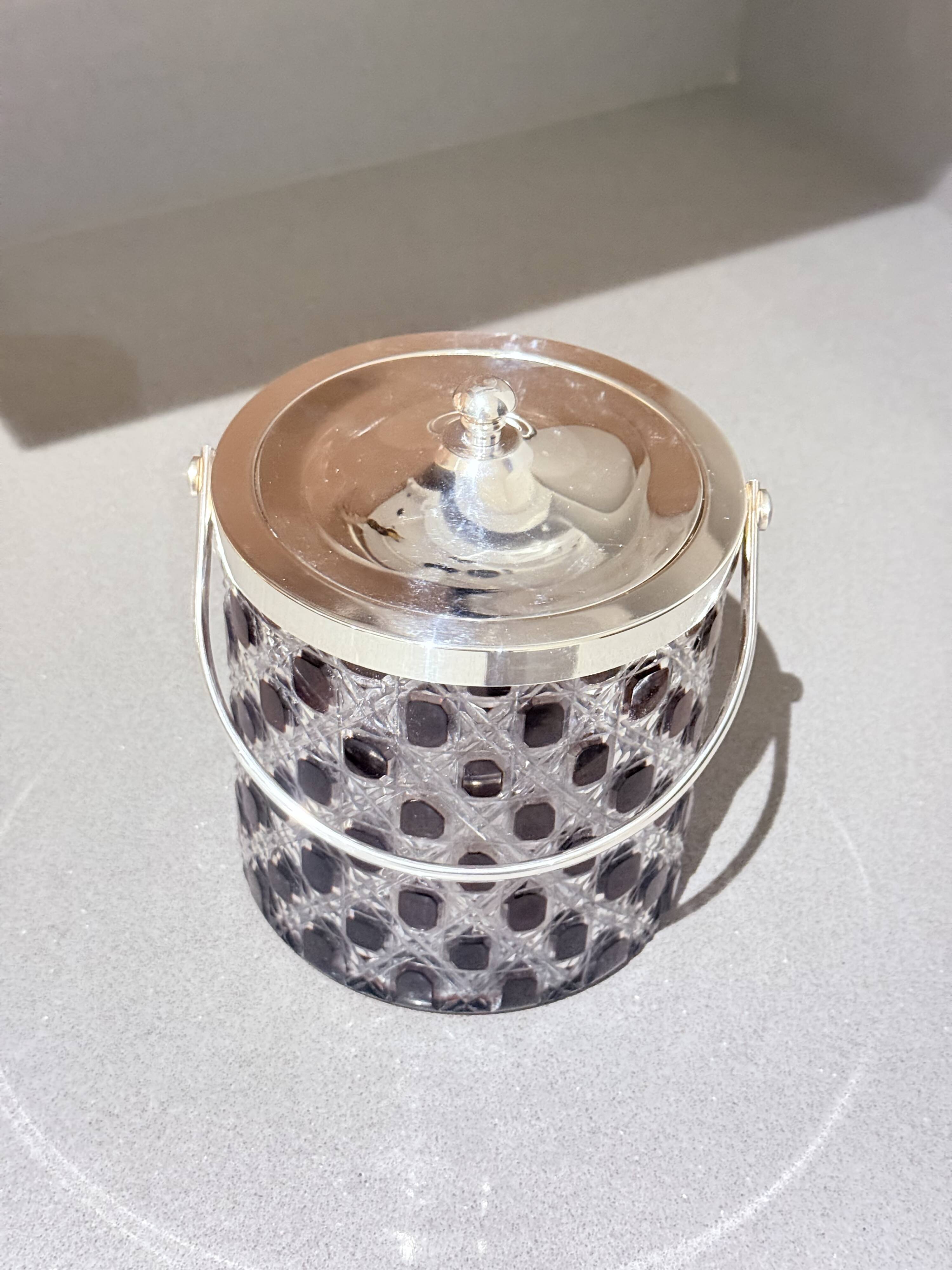 Pair of Vintage Cut Crystal Biscuit Boxes / Ice Buckets with Silver-Plated Lids
