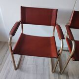 Chaises fauteuils B34 cuir cognac et dorure