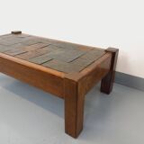 Vintage Brutalist Oak and Slate Coffee Table from the 60s-70s