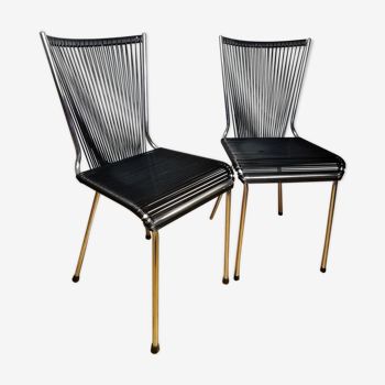 Pair of black scoubidou chairs André Monpoix