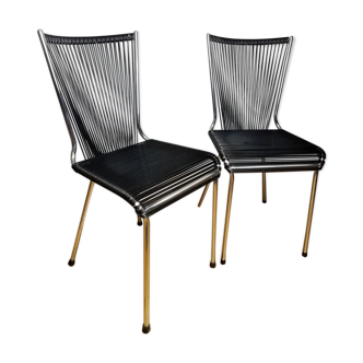 Pair of black scoubidou chairs André Monpoix