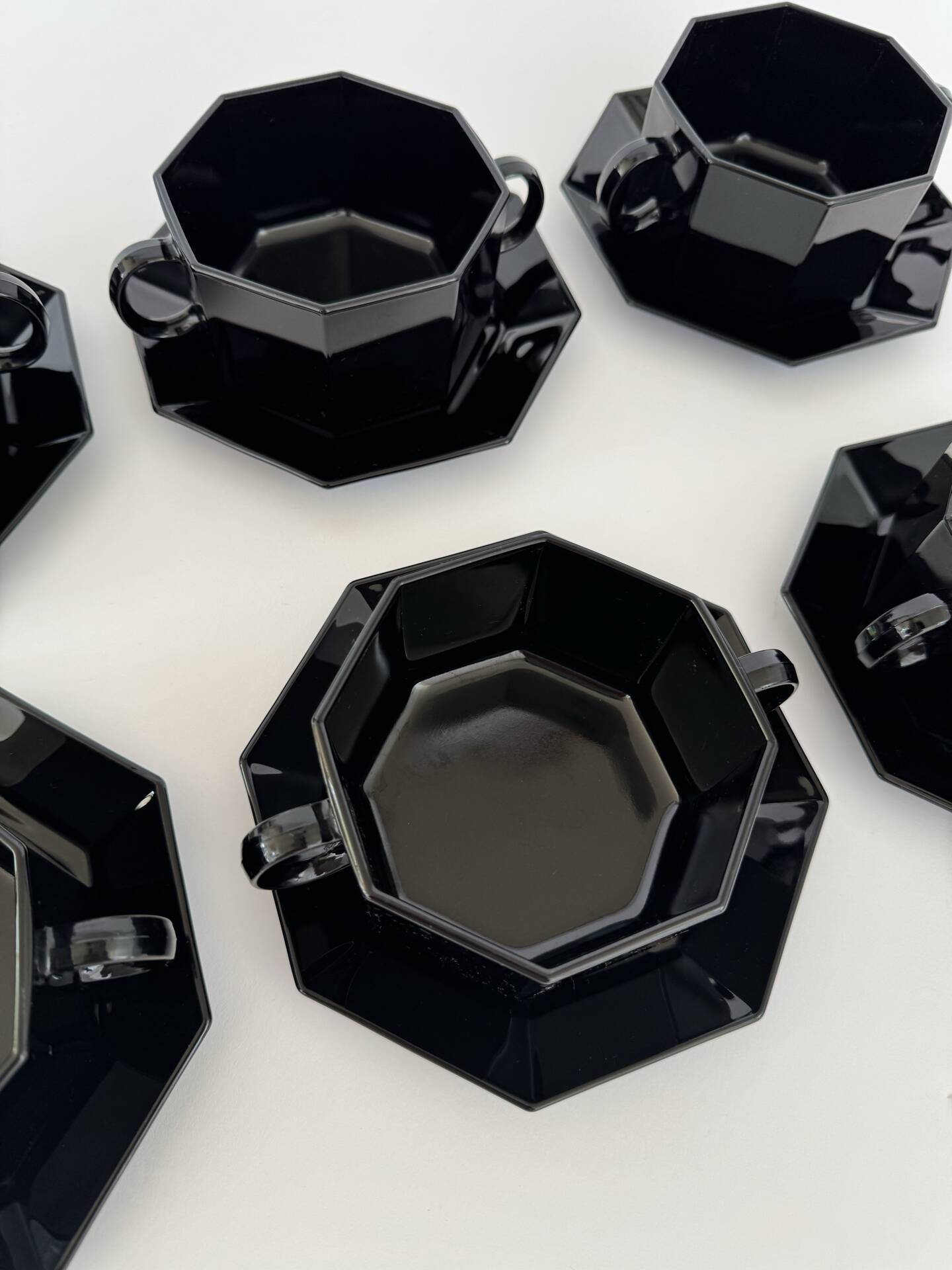 Vintage Set of 6 Arcoroc Black Glass Soup Cups and Saucers Set