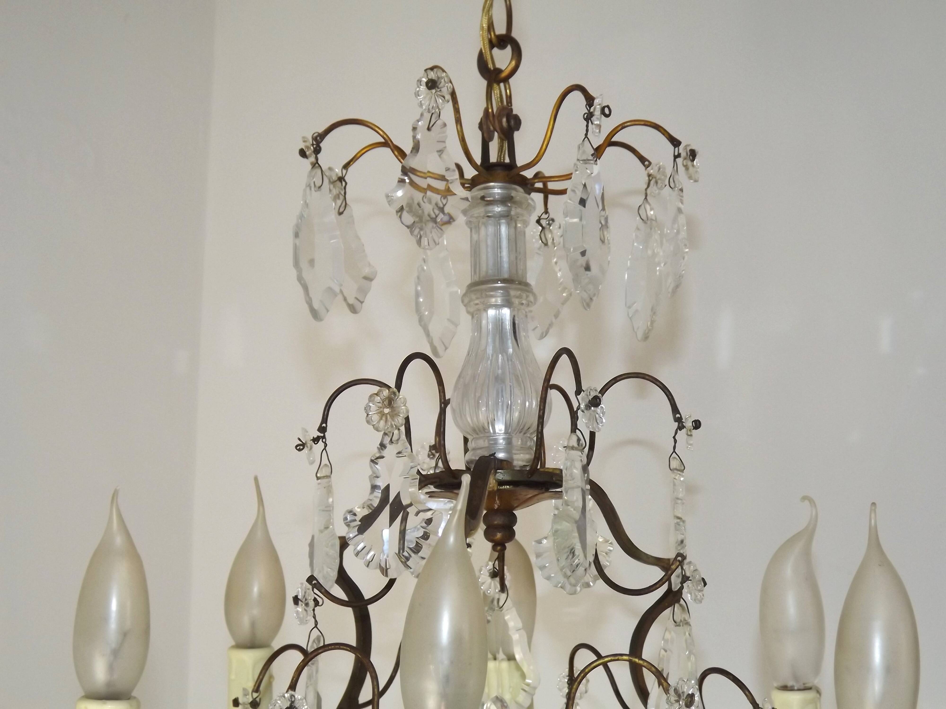 French Bronze and Glass 6 Light Cage Chandelier With Assorted Crystals 5518