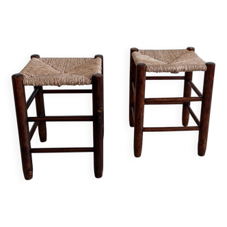Charlotte Perriand Style, Pair of Rustic Wood and Straw Stools, France, c. 1950s