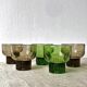 Shooters, translucent brown smoked and green shot glasses, ribbed foot