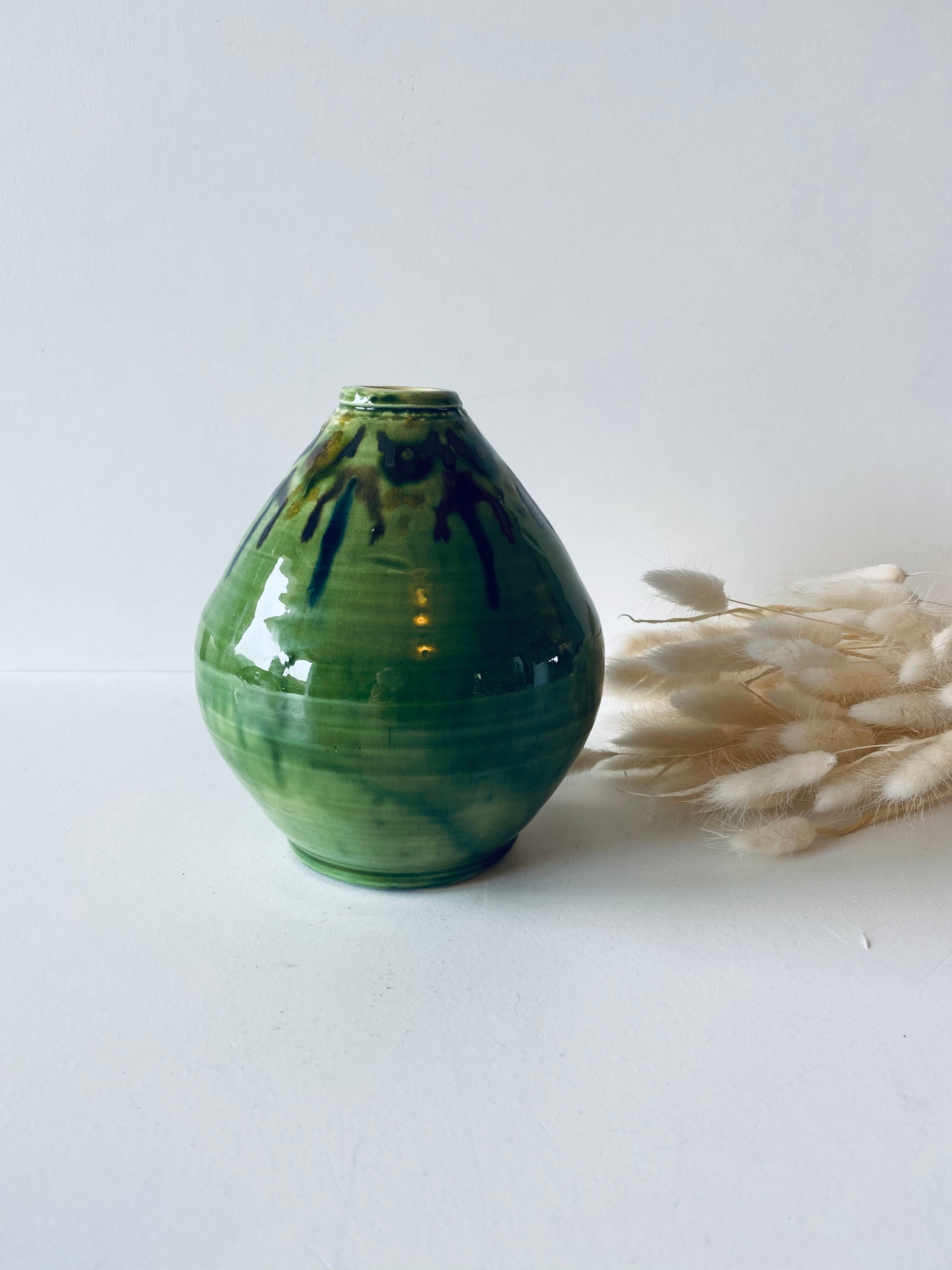 Signed ceramic green vase
