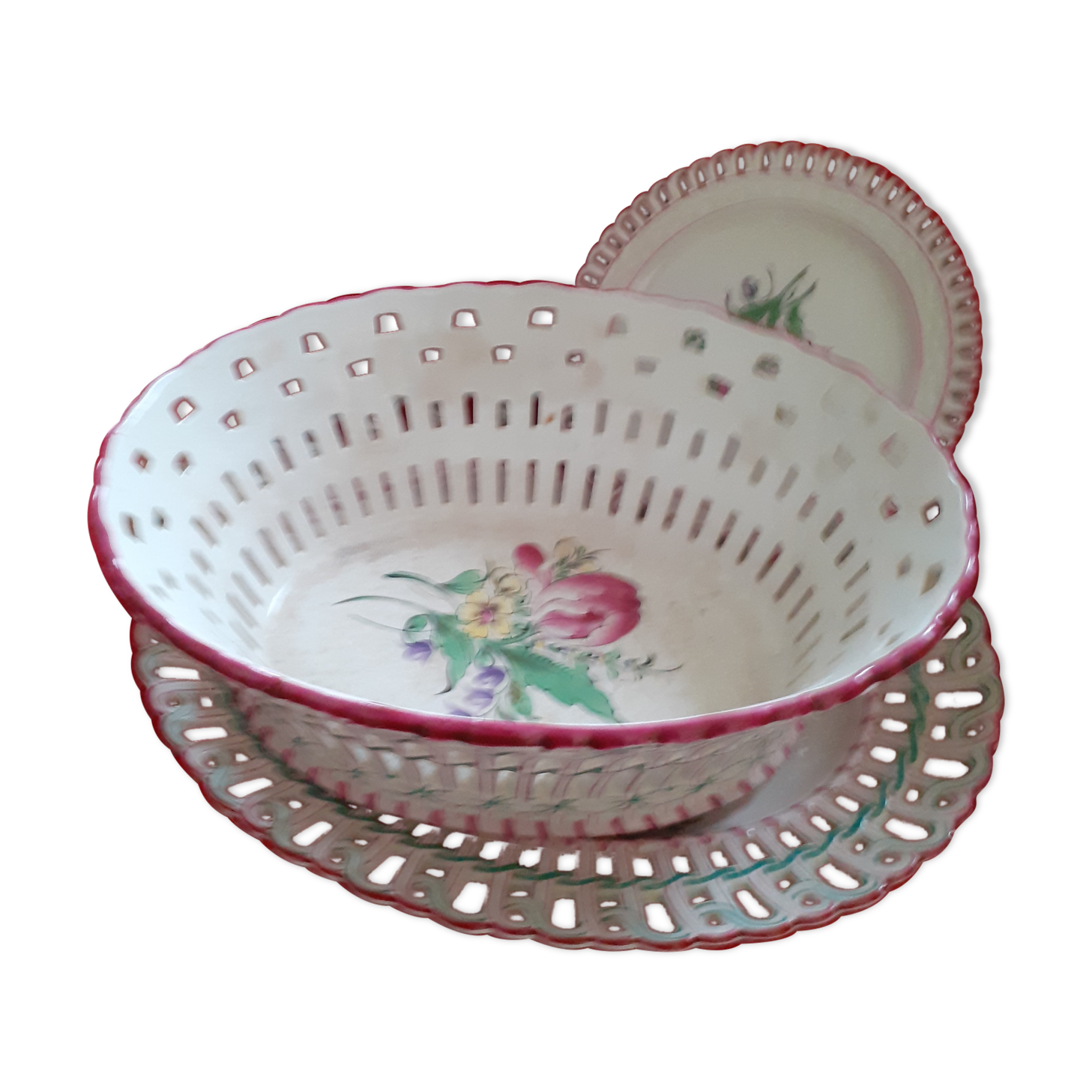 Set of earthenware Lunéville: small plate, oval dish + basket. Openwork edges.