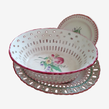 Set of earthenware Lunéville: small plate, oval dish + basket. Openwork edges.