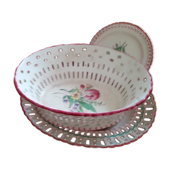 Set of earthenware Lunéville: small plate, oval dish + basket. Openwork edges.