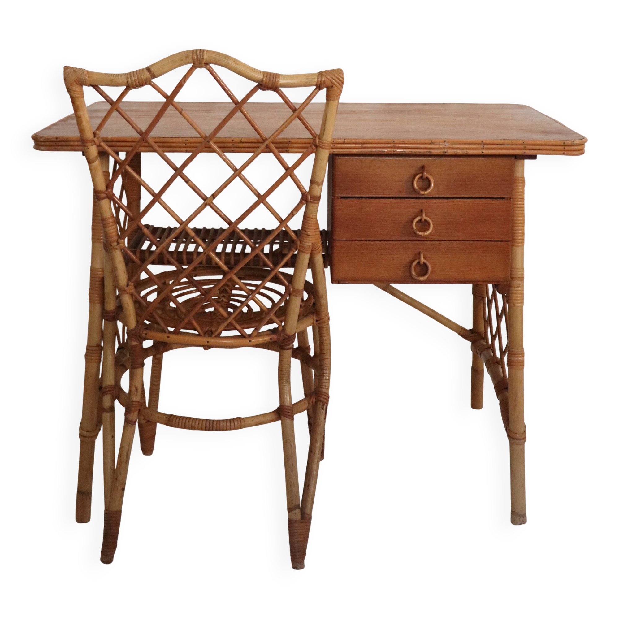 Desk and chair in rattan, Louis Sognot, 1950s-1960s.