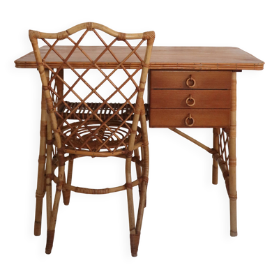 Bureau et chaise en rotin, Louis Sognot, années 1950-1960.