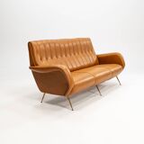 Three-seater sofa in skai with brass feet in the style of Marco Zanuso, 1950s