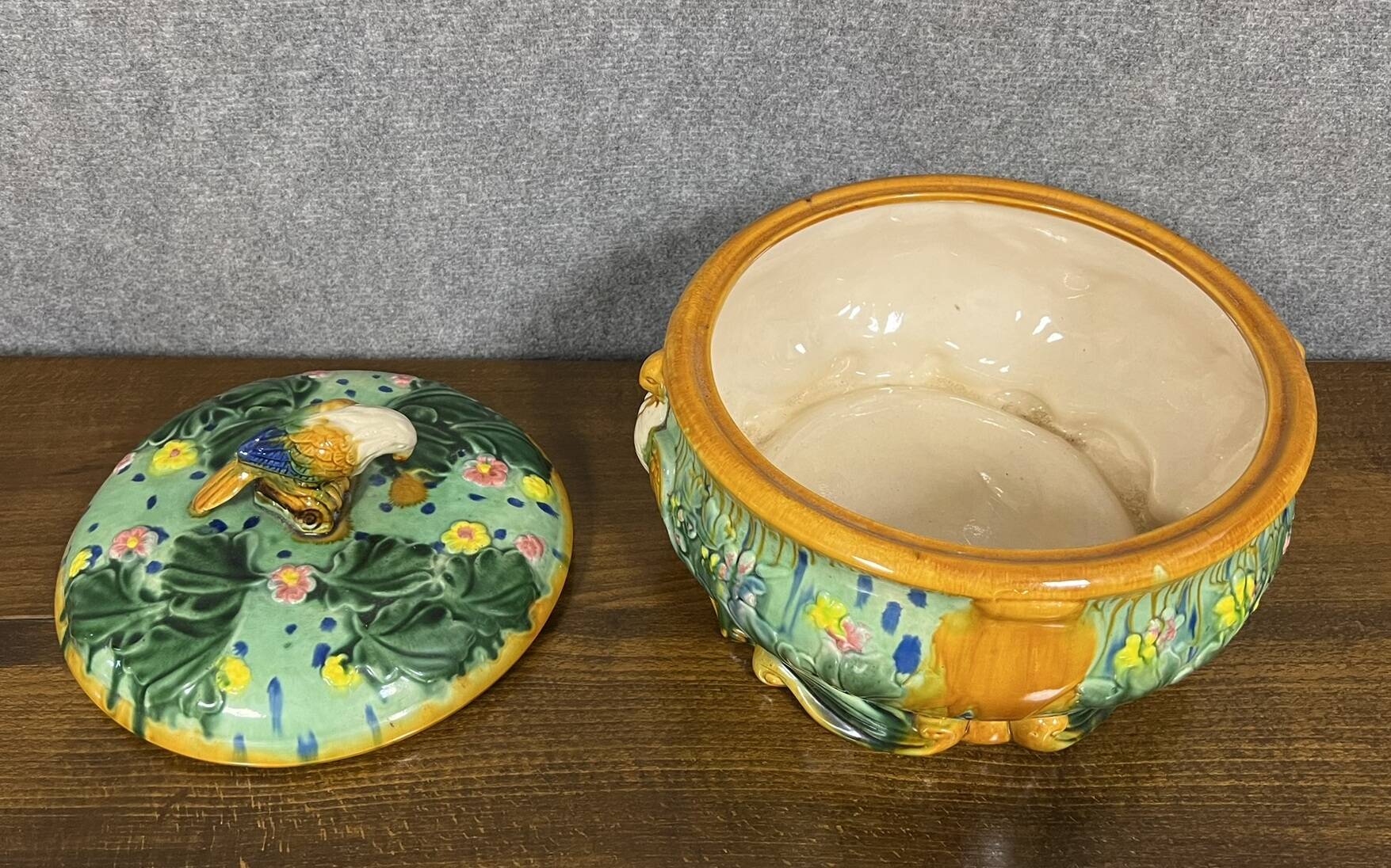 Soup tureen with parrot in colored slip from the mid-20th century